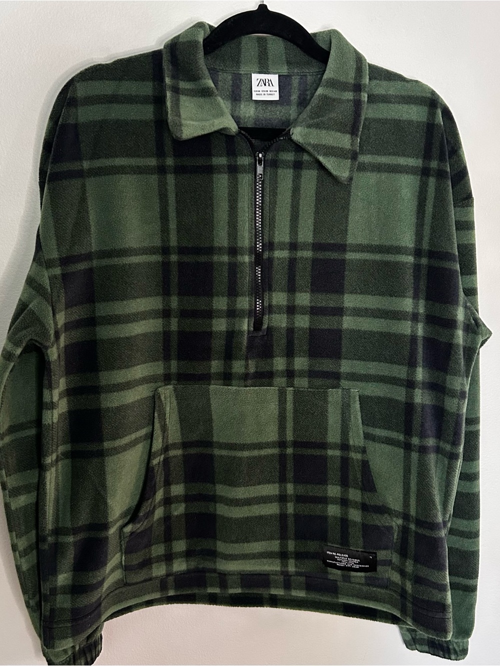 ZARA Green and Black Plaid Half-Zip Fleece Pullover